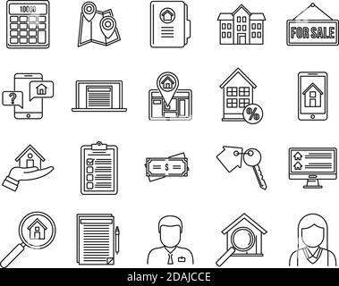 Investor realtor icons set, outline style Stock Vector