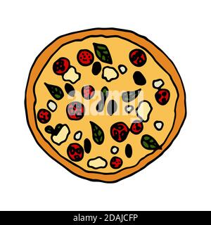 Pizza italian traditional food. Hand drawn sketch style. Vector colorful illustration isolated on white background for restaurant menu and package des Stock Vector