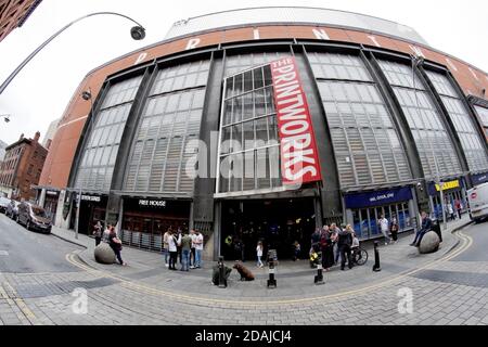 Main entrance to the Printworks multi-purpose entertainment hub in central Manchester, from Dantzic Street. Formerly a newspaper printing facility. Stock Photo