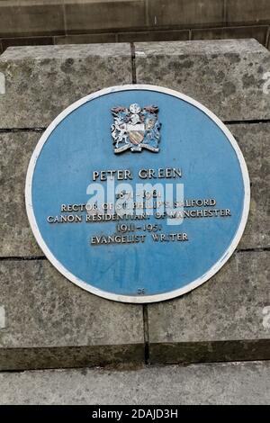Plaque outside Manchester Cathedral in memory of Peter Green, a former residentiary Canon and also a vicar and rector of St Philip's Church, Salford.