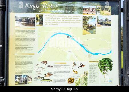 Tourist information sign with info on the natural life and plants to be found along the Kings river in Kells, County Kilkenny, Ireland Stock Photo