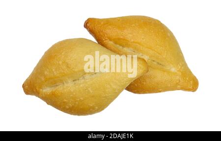 Top view of two freshly baked bolillo bread rolls isolated on a white background. Stock Photo