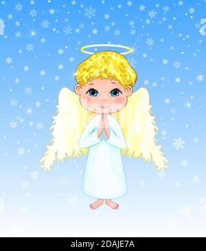 Little angel on a winter background. Angel boy with curls, with wings and a halo. Stock Vector