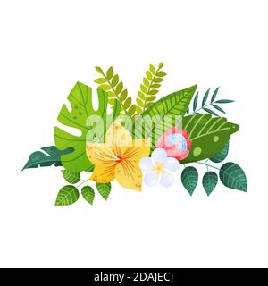 Bouquet of tropical leaves and flowers on white background. Stock Vector