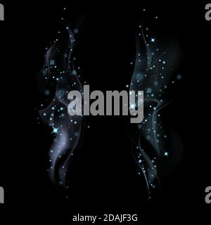 Set of light blue magic smokes with stars on dark background. Magical smoke for food advertising and package. Lights and stars. Vector Stock Vector