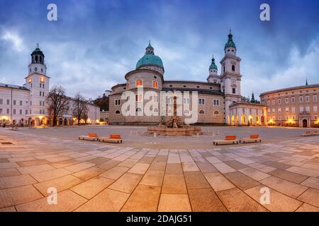 Salzburg, Austria. Cityscape image of the Salzburg, Austria with Salzburg Cathedral and Residenzplaz during autumn sunrise. Stock Photo