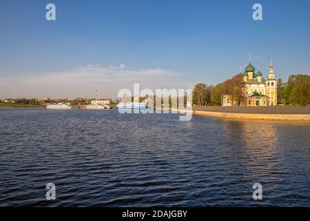 Mooring of cruise ships near the Uglich Kremlin, on the banks of the Volga River. Uglich, Yaroslavl Region, Golden Ring of Russia Stock Photo