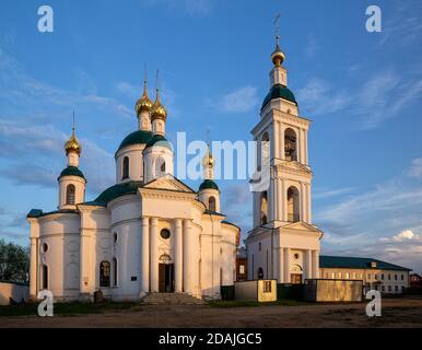Epiphany Monastery in Uglich. Church of Theodorovskaya Icon of the Mother of God of the 19th century and restored bell tower. Yaroslavl region, Golden Stock Photo