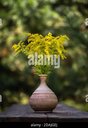 Bouquet of wild yellow flowers in ceramic vase on wooden table in garden. Green trees on a blurred background on a sunny day outdoors Stock Photo
