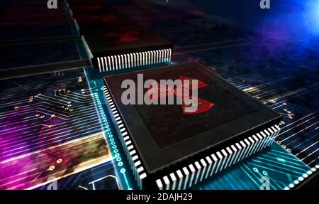 Cyber attack with nuclear symbol, danger, digital war, cybernetic conflict, hacking and spying abstract concept. Production line 3d rendering illustra Stock Photo