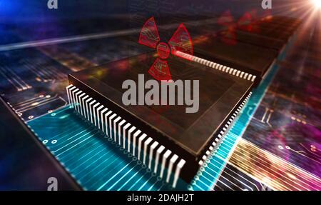 Cyber attack with nuclear symbol, danger, digital war, cybernetic conflict, hacking and spying abstract concept. Production line 3d rendering illustra Stock Photo