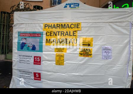 Covid-19 Rapid testing medical tent in front of a pharmacy Stock Photo