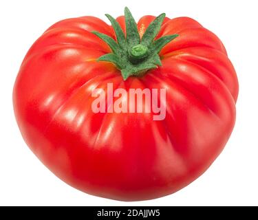 Ripe heirloom ribbed beefsteak tomato (Solanum lycopersicum fruit) isolated Stock Photo