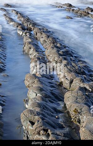 View of the rock ledges at Welcombe Mouth Beach on the Devon and Cornwall border Stock Photo