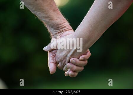hand of an old man and a young woman, holding hands Stock Photo