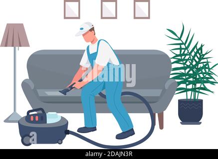 Janitor cleaning sofa flat character Stock Vector