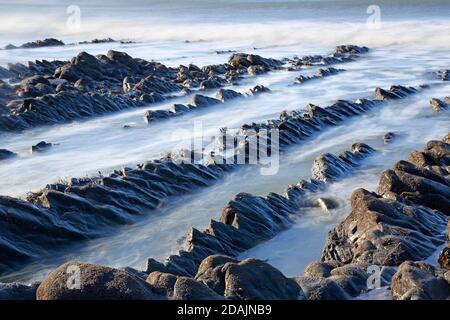 View of the rock ledges at Welcombe Mouth Beach on the Devon and Cornwall border Stock Photo