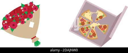 Pizza and roses flat color vector objects set Stock Vector