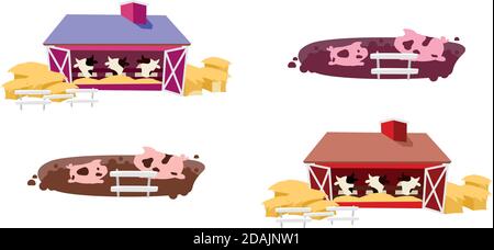 Cowsheds flat color vector objects set Stock Vector