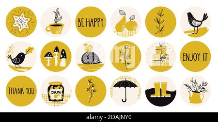 Set of various doodle highlights and story icons for social media Stock Vector