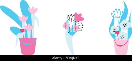Flowers in vases flat color vector objects set Stock Vector