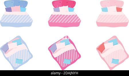 Bed with pillows flat color vector objects set Stock Vector