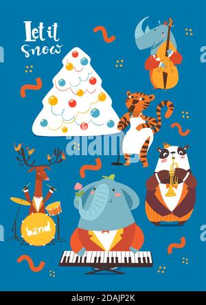Christmas cartoon poster with Let it snow lettering and cute jazz musicians characters. Stock Vector
