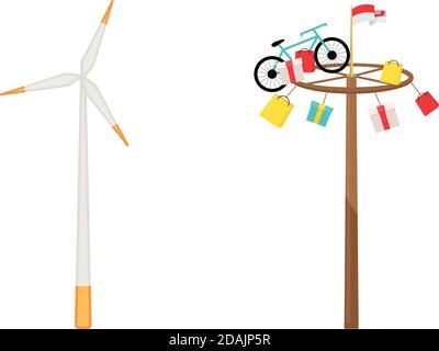 Wind turbine and greasy pole flat color vector objects set Stock Vector