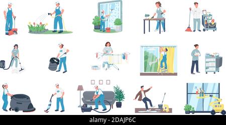 Cleaners flat color vector faceless characters set Stock Vector