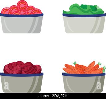 Sliced vegetables in plates flat color vector object set Stock Vector
