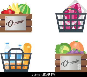 Food baskets flat color vector objects set Stock Vector