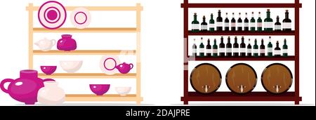 Pottery and wine display objects set Stock Vector