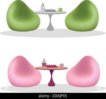 Bean bag chair and tables objects Stock Vector