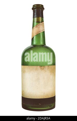 Vintage wine bottle with weathered blank label isolated on a white background Stock Photo