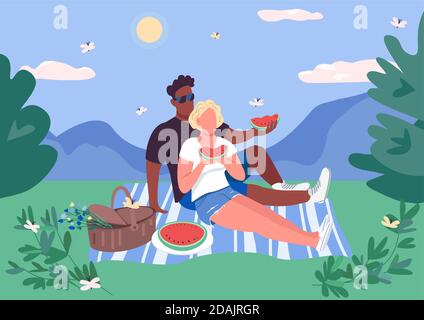 Summer couple picnic flat color vector illustration Stock Vector