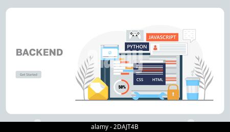 Web developer workplace concept vector for landing page. Construction of website and writes code. Software engineering in digital technology. Software Stock Vector