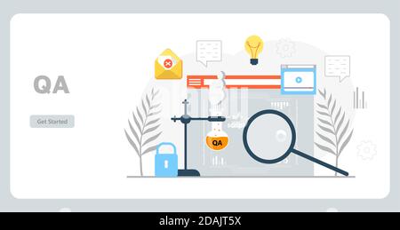 Testing concept vector for landing page. Tester for website and checks code. Software engineer or QA working in digital technology. Stock Vector