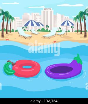 Summer resort and inflatables flat color vector illustration Stock Vector