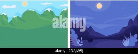 Day and night landscape flat color vector illustration set Stock Vector