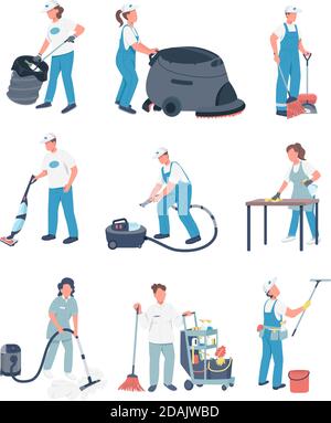 Janitors flat color vector faceless characters set Stock Vector