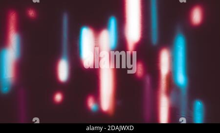 Abstract light bars background. Defocused vertical cyan and red neon light lines against dark burgundy red background. Stock Photo