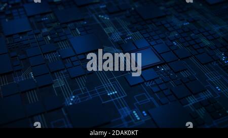 3D Render of a macro view of a Futuristic Electronic Circuit Board with Microchips and Prosessors. Technology Background concept. Stock Photo