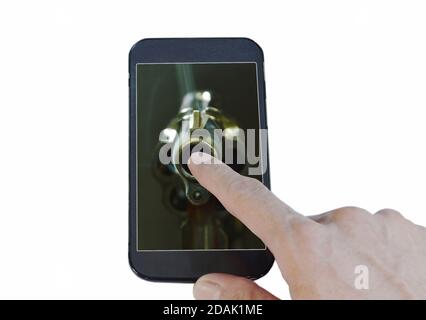 finger pointing on mobile phone touch screen and gun muzzle with smoke floating in white background Stock Photo