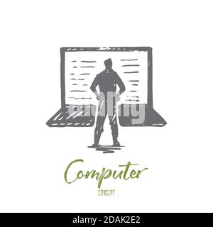 Computer, laptop, person, work, technology concept. Hand drawn isolated vector. Stock Vector