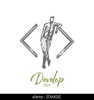 Develop, coding, software, programming, project concept. Hand drawn isolated vector. Stock Vector