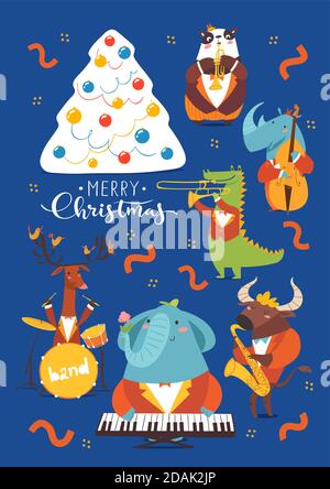 Merry Christmas cartoon poster with cute jazz musicians characters. Stock Vector