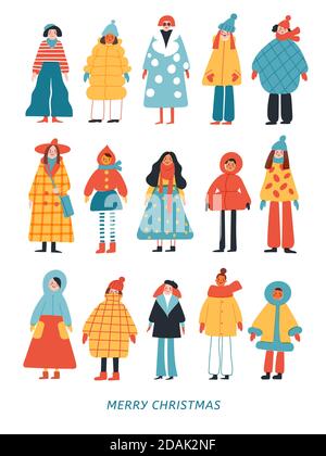Merry Christmas poster with women in stylish clothes. Stock Vector