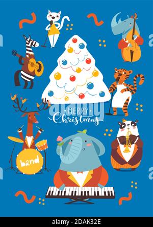 Christmas cartoon poster with cute jazz musicians characters. Stock Vector