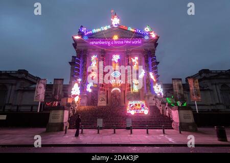 London, UK. 13th Nov, 2020. Photo taken on Nov. 13, 2020 shows art installations created for Tate Britain's annual Winter Commission at Tate Britain in London, Britain. Chila Kumari Singh Burman created a technicolour installation for Tate Britain's iconic facade. This is the fourth in Tate Britain's series of outdoor commissions to mark the winter season. Credit: Ray Tang/Xinhua/Alamy Live News Stock Photo