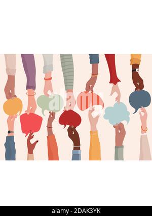 Agreement or affair between a group of colleagues or collaborators.Diversity People who exchange information.Arms and hands holding speech bubble. Stock Vector
